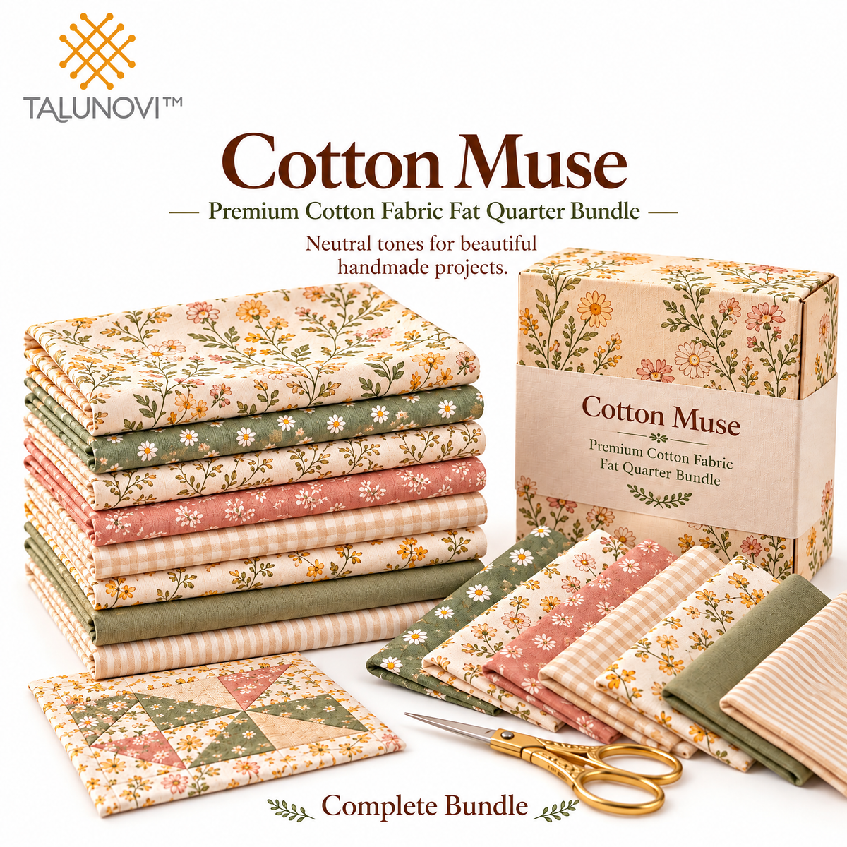 Talunovi™ Cotton Muse – Premium Cotton Fabric Fat Quarter Bundle, Neutral-Tone Quilting & Patchwork Fabric Set for Handmade Sewing Projects
