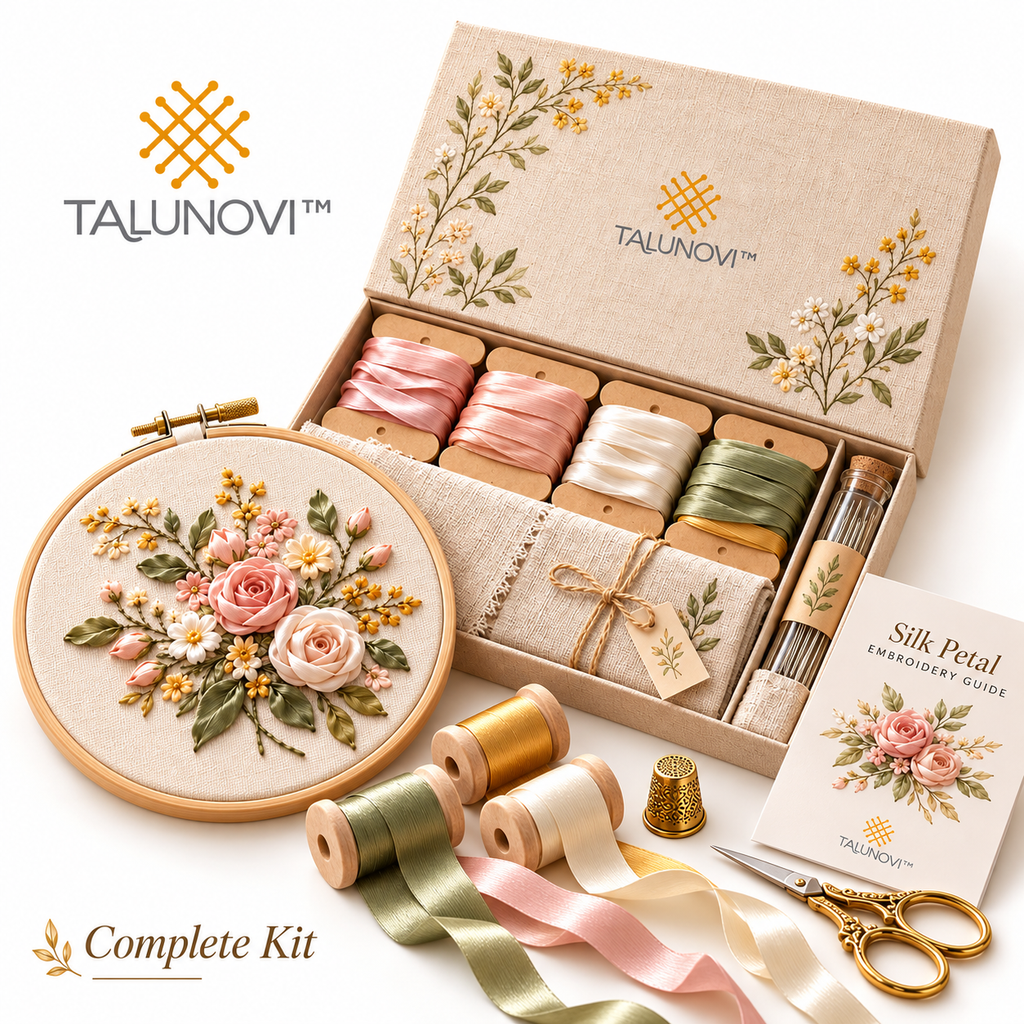 Talunovi™ Silk Petal – Elegant Silk Ribbon Embroidery Kit, Romantic Floral Needlework Craft Set for Decorative Hand Stitching & Textile Art