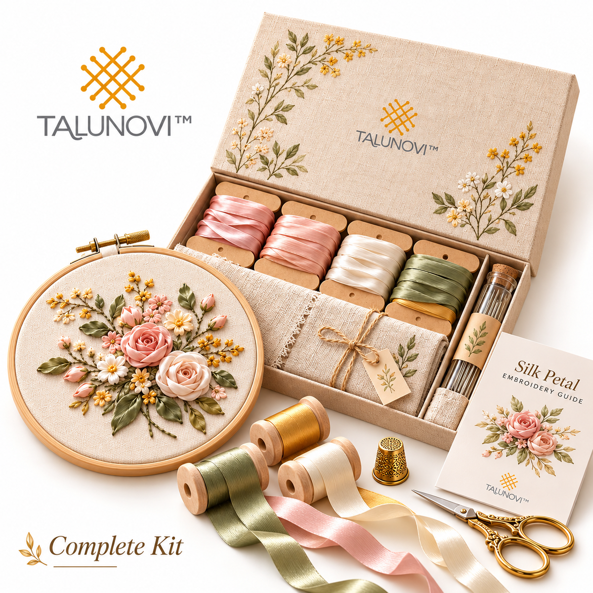 Talunovi™ Silk Petal – Elegant Silk Ribbon Embroidery Kit, Romantic Floral Needlework Craft Set for Decorative Hand Stitching & Textile Art