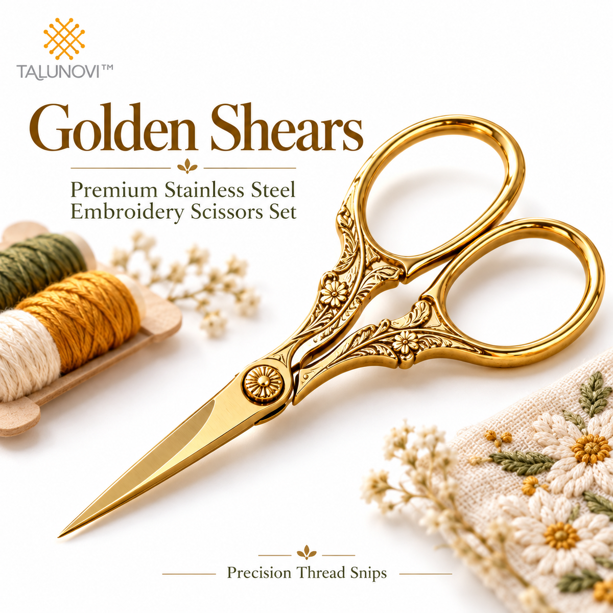 Talunovi™ Golden Shears – Premium Stainless Steel Embroidery Scissors Set, Vintage-Inspired Precision Thread Snips for Sewing, Quilting & Needlework