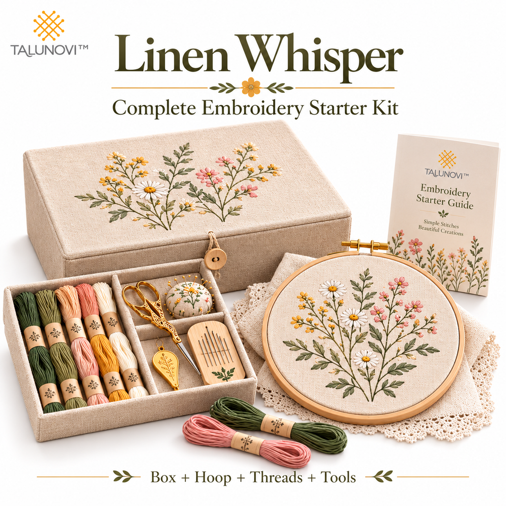 Talunovi™ Linen Whisper – Elegant Linen Embroidery Starter Kit, Minimalist Hand Needlework Craft Set for Adults & Creative Beginners