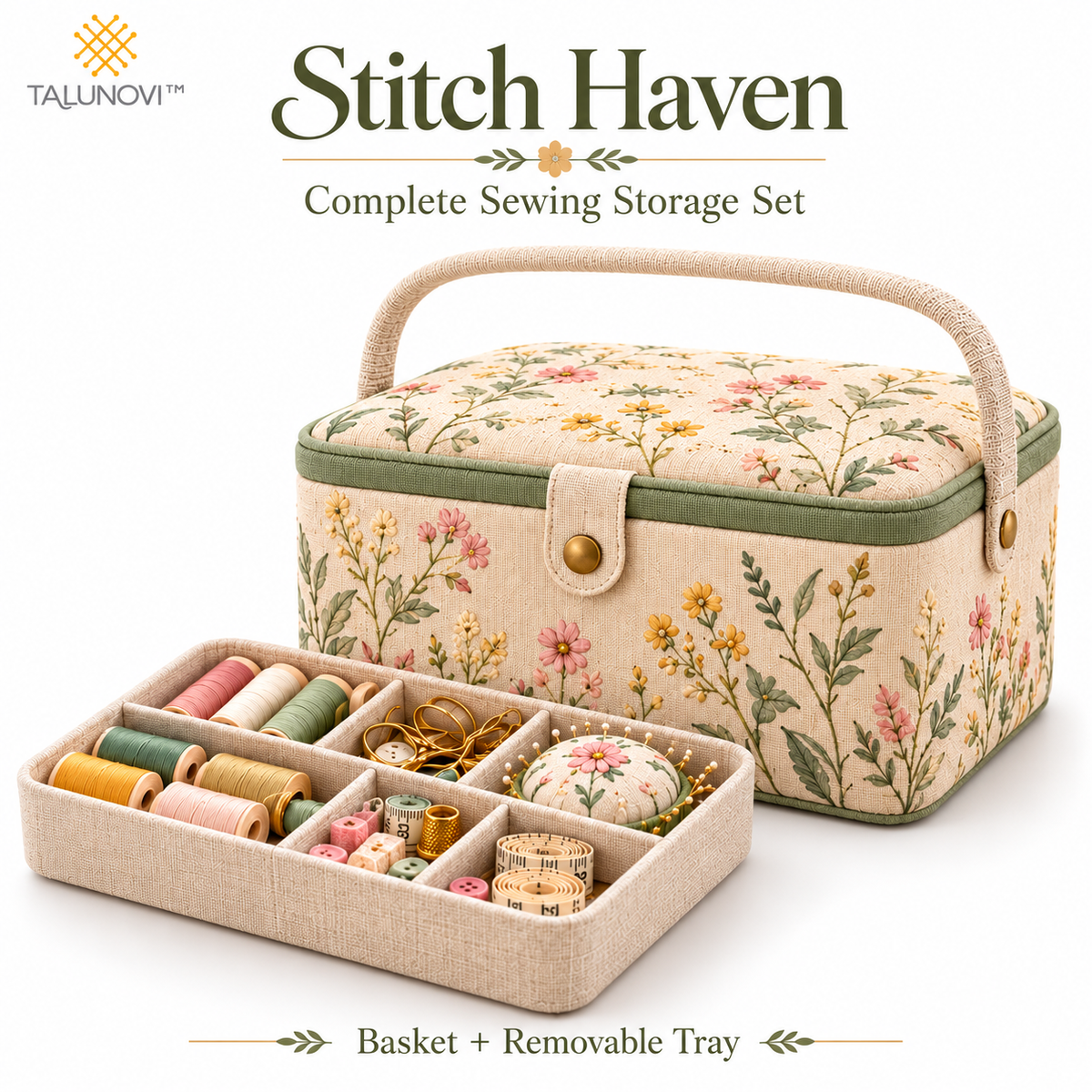 Talunovi™ Stitch Haven – Premium Fabric Sewing Basket with Removable Organizer Tray, Elegant Storage Box for Sewing Notions & Needlework Supplies