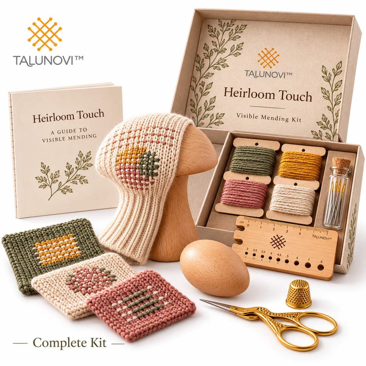 Talunovi™ Heirloom Touch – Premium Wooden Darning Mushroom & Visible Mending Kit, Traditional Hand Repair Tools for Knitwear & Clothing Care