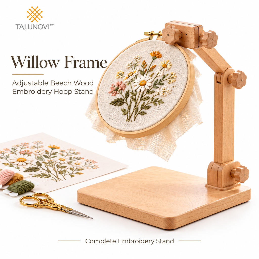 Talunovi™ Willow Frame – Adjustable Beech Wood Embroidery Hoop Stand, Hands-Free Wooden Needlework Holder for Cross Stitch & Hand Embroidery