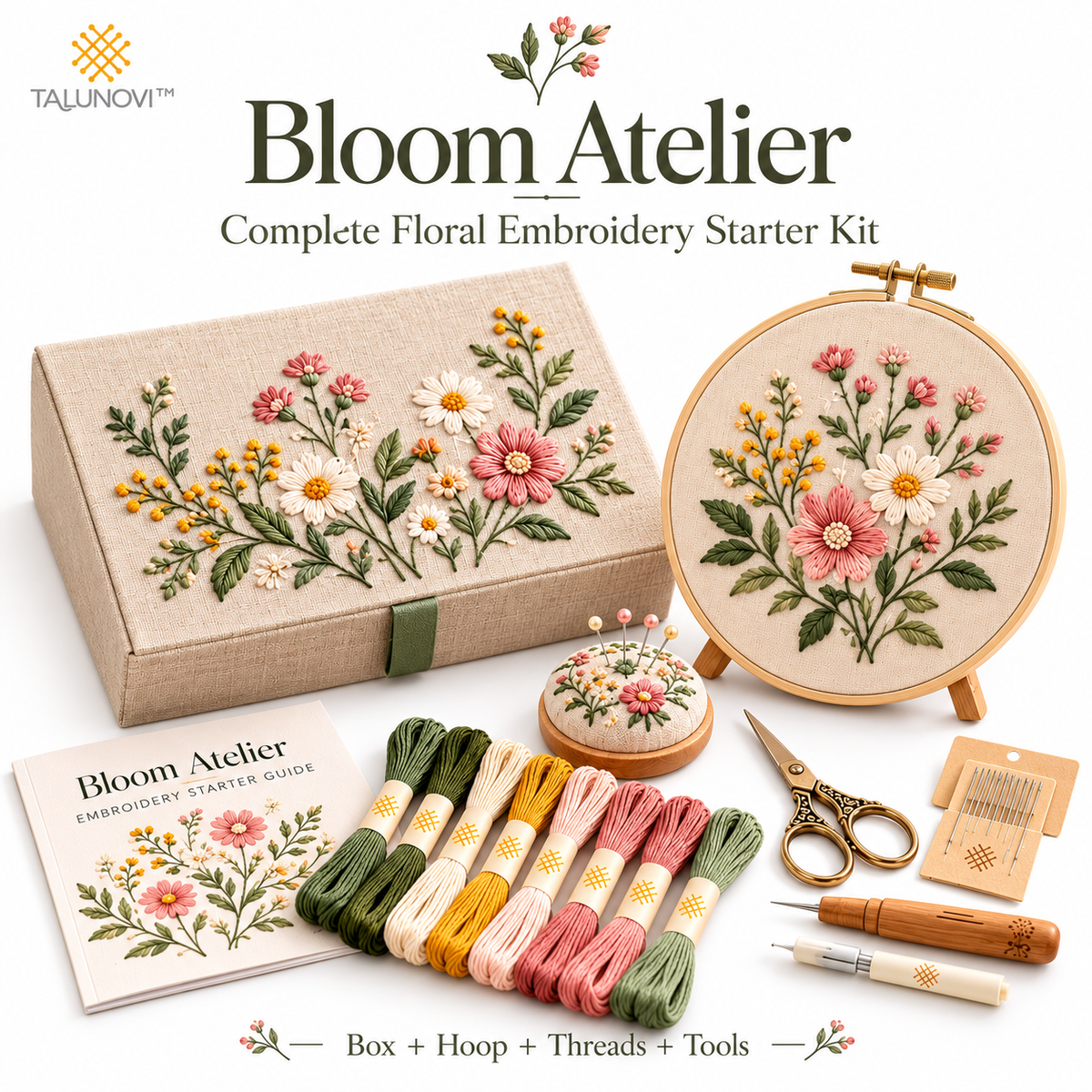 Talunovi™ Bloom Atelier – Premium Floral Embroidery Kit for Beginners, Modern Botanical Hand Stitching Set with Embroidery Hoop & Threads