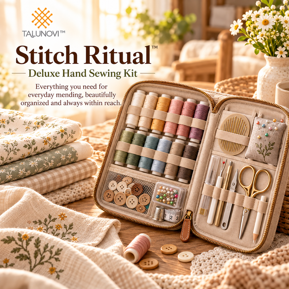 Talunovi™ Stitch Ritual – Deluxe Hand Sewing Kit with Portable Organizer Case, Essential Needle, Thread & Measuring Tools for Everyday Mending