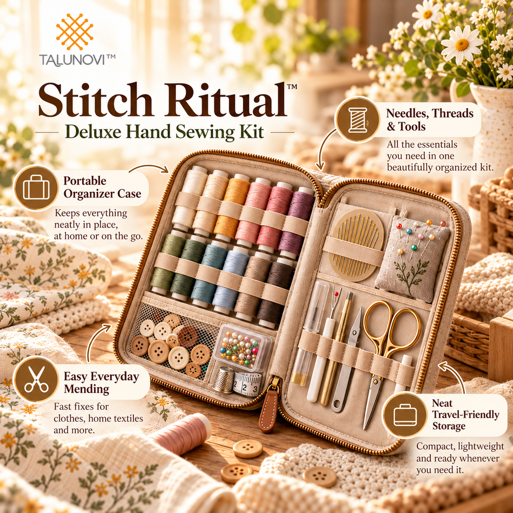 Talunovi™ Stitch Ritual – Deluxe Hand Sewing Kit with Portable Organizer Case, Essential Needle, Thread & Measuring Tools for Everyday Mending