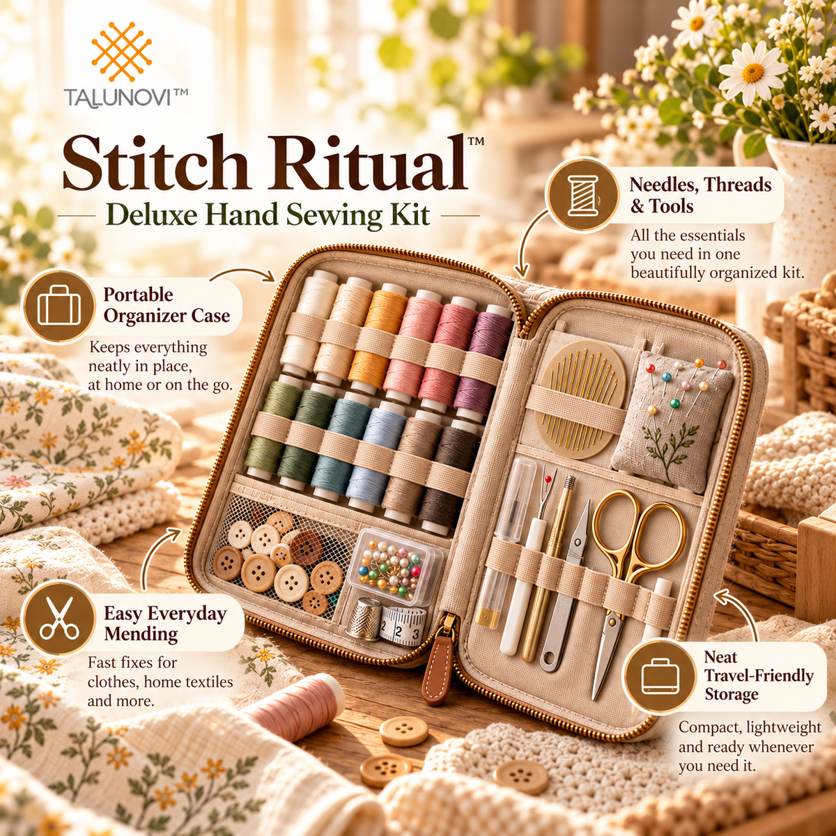 Talunovi™ Stitch Ritual – Deluxe Hand Sewing Kit with Portable Organizer Case, Essential Needle, Thread & Measuring Tools for Everyday Mending