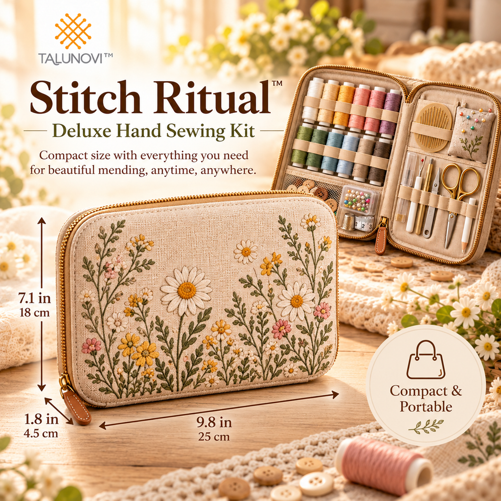 Talunovi™ Stitch Ritual – Deluxe Hand Sewing Kit with Portable Organizer Case, Essential Needle, Thread & Measuring Tools for Everyday Mending
